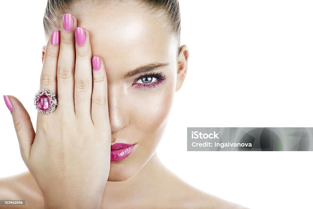 woman with ring Woman with pink makeup. Space for text. Ring - Jewelry Stock Photo