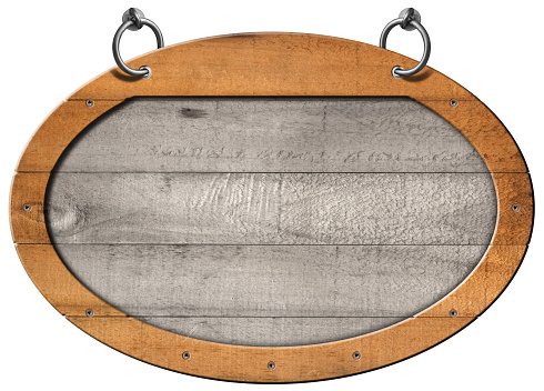Old blank wooden sign with oval frame (ellipse shape) and steel rings for hanging. Isolated on white background and copy space, template.