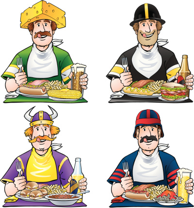 Vector illustration of cartoon football fans tailgate party with regional food and beer