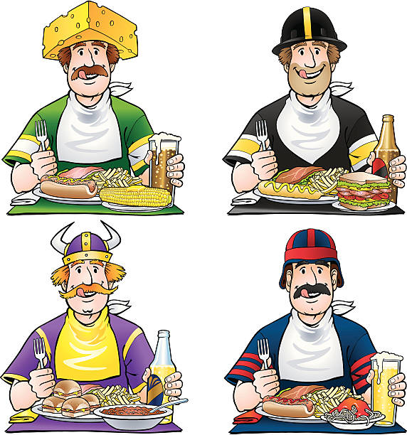 Football Fan Tailgate Party Vector illustration of cartoon football fans tailgate party with regional food and beer baby bib stock illustrations