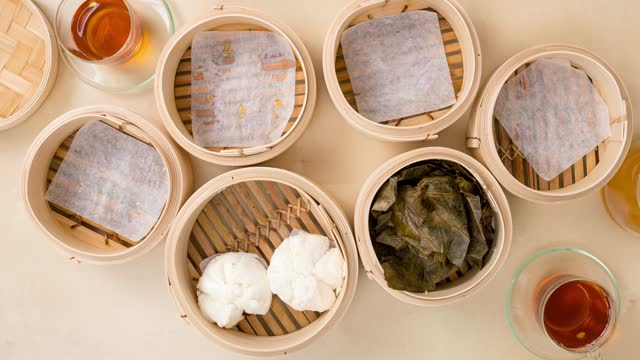 Top view of eating chinese dim sum at home