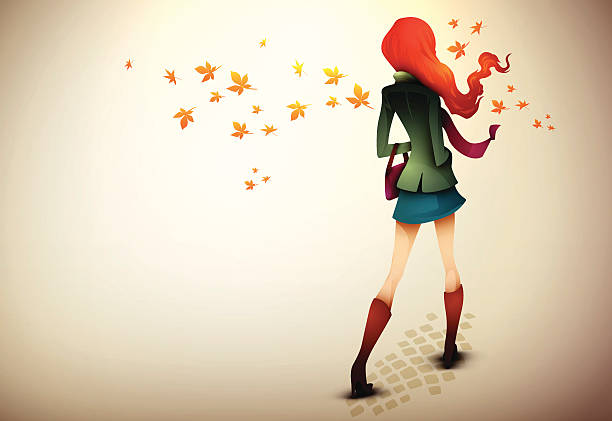 autumn background/young woman in wind - women scarf sparse day stock-grafiken, -clipart, -cartoons und -symbole