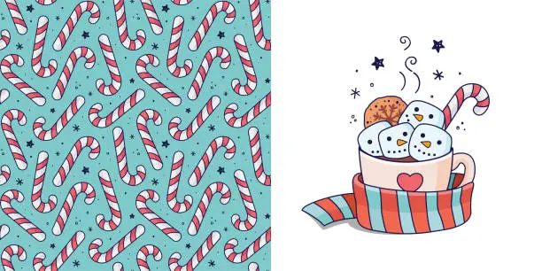 Vector illustration of Hand drawn Christmas drink with candy cane for baby clothes. Postcard with Winter hot beverage.