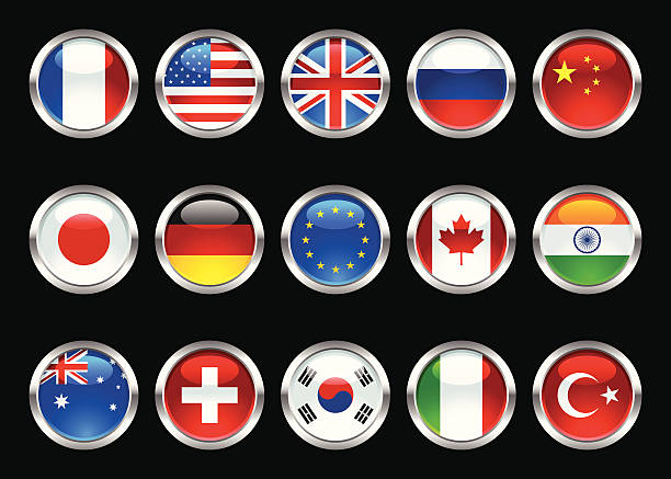 Metallic Glossy Flags Set World Flags on metallic glossy button on black background.  Created in Adobe Illustrator. flag buttons stock illustrations