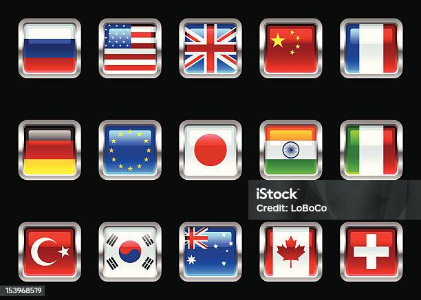 Ensemble Métallisé Brillant Flags Vecteurs libres de droits et plus d'images vectorielles de Badge - Badge, Corée du Sud, Drapeau