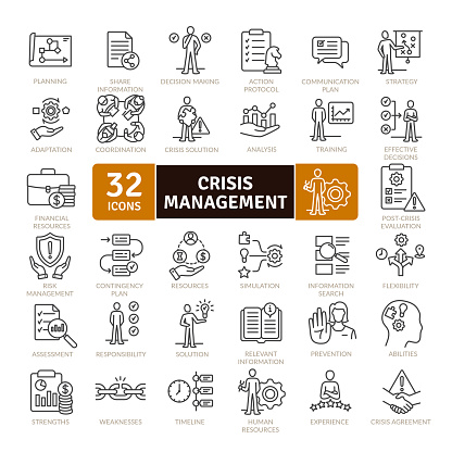 Collection of crisis management icons and tools to avoid it. Thin line icons set. Simple vector icons