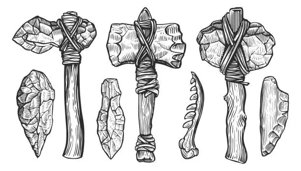 Vector illustration of Prehistoric age tools and weapon set. Stone ax of a primitive man. Sketch vector illustration