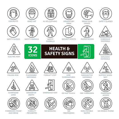 Health And Safety Signs icons Pack. Collection of thin line signal icon