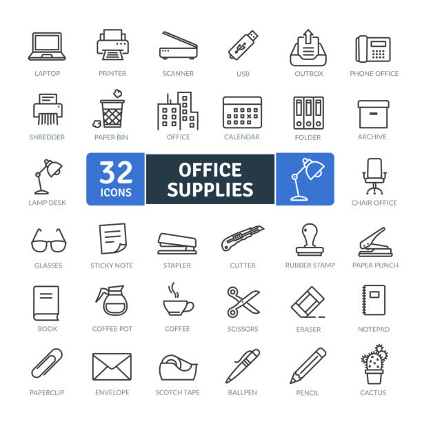 Office Supplies Office Supplies Icons Pack. Thin line icons set. Simple vector icons stapled paper stock illustrations