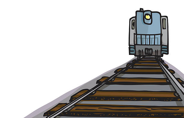 One-Point Locomotive Cartoon of an oncoming diesel locomotive with headlight on tracks. Download includes layered EPS, Adobe Illustrator CS3 and PSD formats. ballast stock illustrations