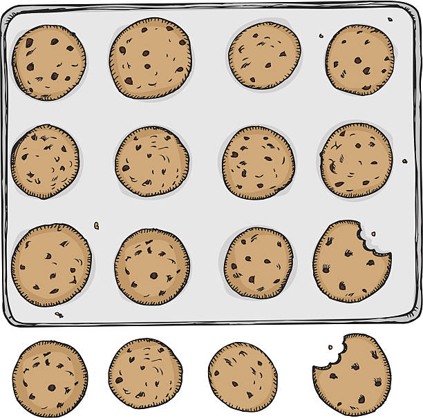 Cookies Tray of 12 chocolate chip cookies on metal tray with 4 off the tray. Download includes high resolution JPG with grouped and layered EPS. chocolate chip cookie drawing stock illustrations