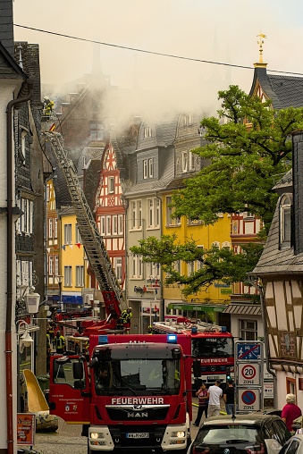 Montabaur, Germany – June 07, 2023: Professional firefighters in Montabaur, Germany performing a critical task of keeping the city safe from potential fire hazards