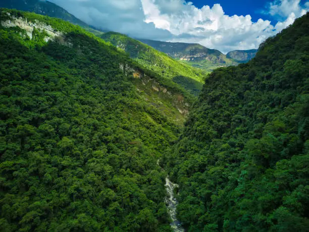 View from drone on mountains around Gocta Falls 771m, one of tallest waterfalls in the world,  located close to Chachapoyas, one of the gateways to the Peruvian jungle.