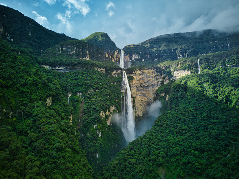 View from drone on Gocta Falls 771m, one of tallest waterfalls in the world,  located close to Chachapoyas, one of the gateways to the Peruvian jungle.
