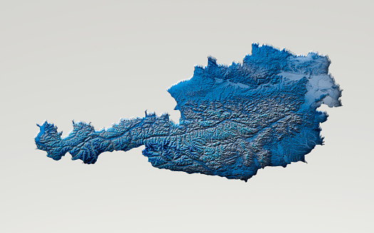 3d Deep Blue Water Austria Map Shaded Relief Texture Map On White Background 3d Illustration\nSource Map Data: tangrams.github.io/heightmapper/,\nSoftware Cinema 4d
