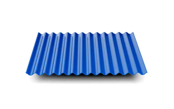 Photo of 3d Blue Metallic Corrugated Galvanised Iron For Roof Sheet On White Background 3d Illustration