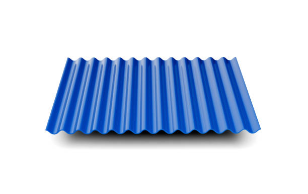 3d azul metálico corrugado ferro galvanizado para folha de telhado no fundo branco ilustração 3d - sheet metal aluminum wall architecture - fotografias e filmes do acervo