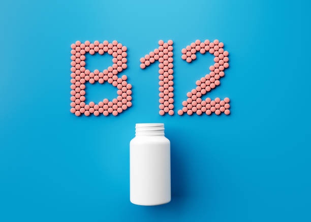 3d Empty White Pill Bottle With B12 Text Made Of Rounded Vitamin B12 Tablets 3d Illustration