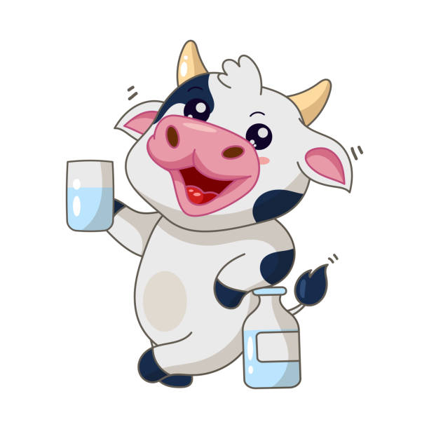 cute cow cartoon standing with milk bottle - ilustração de arte vetorial