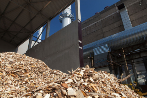 Pile of wood chips at biomass co-generation plant at the foreground in focus and chimneys with beautiful blue sky in the background out of focus