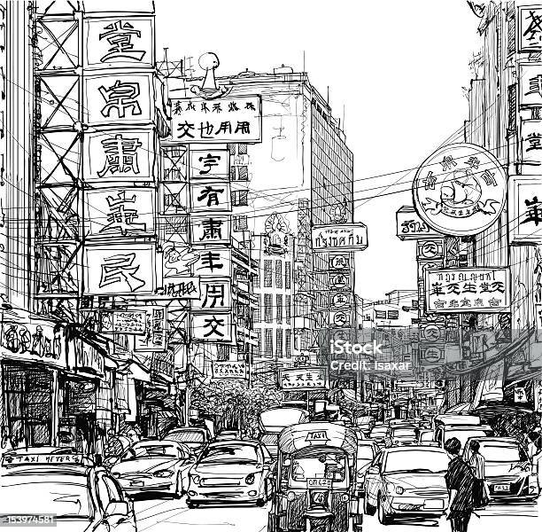 Китайский Квартал Бангкок — стоковая векторная графика и другие изображения на тему Рисунок - произведение искусства - Рисунок - произведение искусства, Китайский квартал, Таиланд