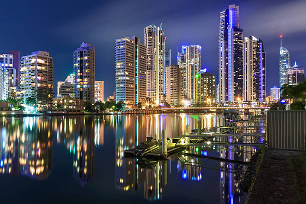 istock High rise skyline at night, reflected in a still river 153974701