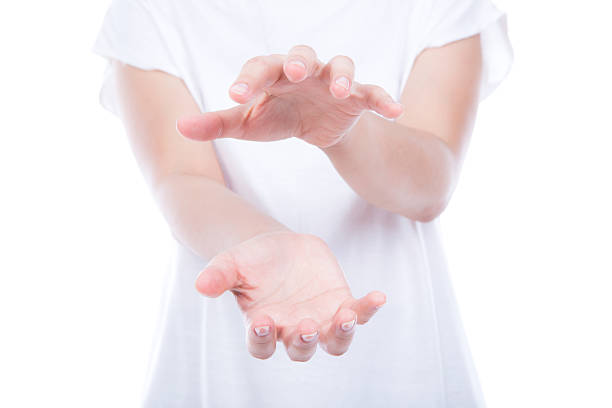 istock Empty woman hands over body isolated on background. 153974737