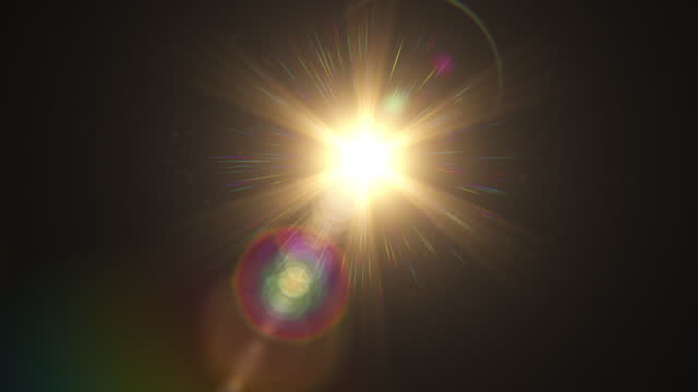 Realistic Bright Sun in the Center on Black Background Looped 3d Animation. Optical Lense Flares for Overlay Light Effect. Use Screen Mode. Seamless Clear Shining Static Sun