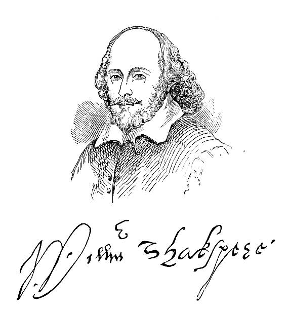 William Shakespeare And His Signature An engraved illustration image of the Elizabethan playwright William Shakespeare and his signature, from a Victorian book dated 1883 that is no longer in copyright william shakespeare stock illustrations