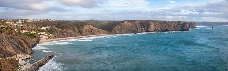 Ultra wide panoramic view of Arrifana beach, Aljezur, Vicentine Coast, Algarve, Portugal