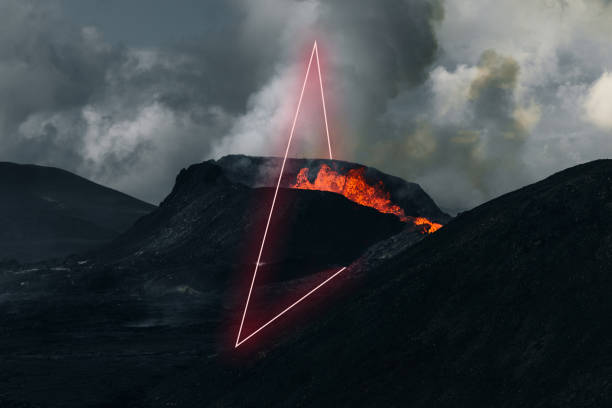 Bright neon triangle at dramatic martian landscape with lava at new-born erupting volcano Fagradalsfjall in Iceland - Metaverse, Web3 inspiration