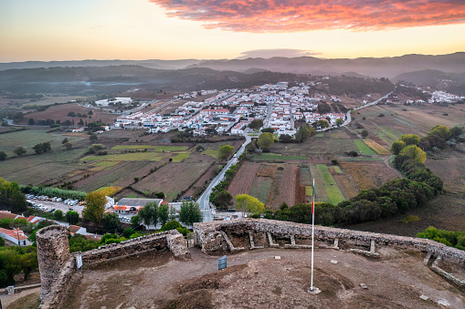 October3, 2020 - Aljezur, Portugal:  aerial cityscape of Aljezur early in the morning from his Castle ruins