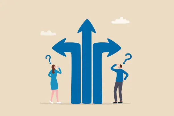 Vector illustration of Direction choice, crossroad or decision for career path, choosing path way, challenge or opportunity doubt, determination or tough decision concept, business people thinking on difference career path.
