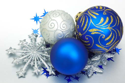 Christmas Baubles and Stars on Silver Background