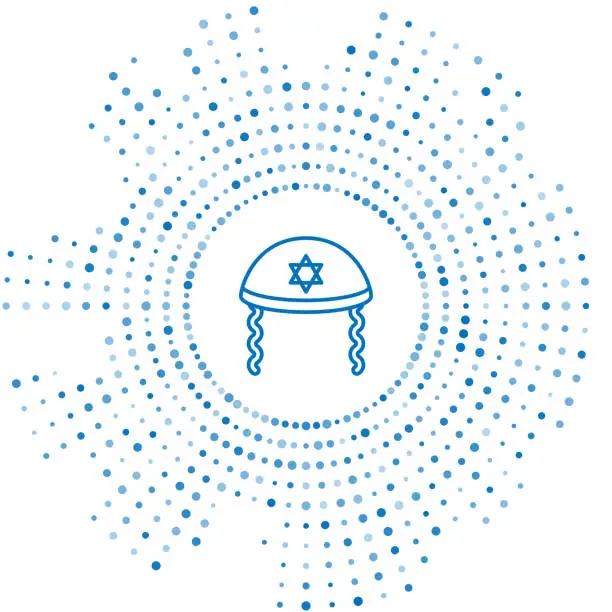 Vector illustration of Blue line Jewish kippah with star of david and sidelocks icon isolated on white background. Jewish yarmulke hat. Abstract circle random dots. Vector