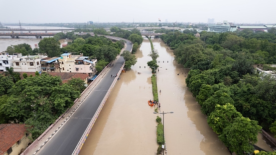 Drone view of floods in New Delhi near Yamuna River after heavy monsoon rains in North India.