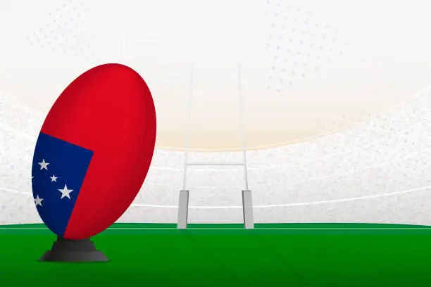 Vector illustration of Samoa national team rugby ball on rugby stadium and goal posts, preparing for a penalty or free kick.