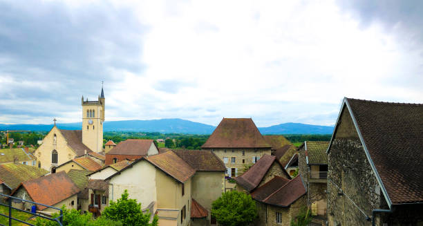 Morestel, France: Beautiful Steep Village Rooftops, Church Bell Tower
