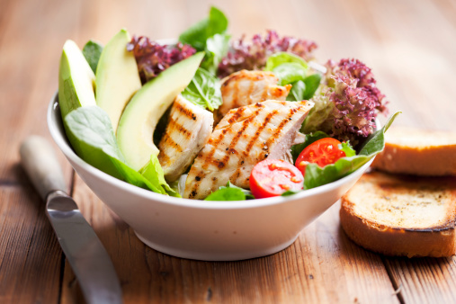 salad with avocado and grilled chicken fillet
