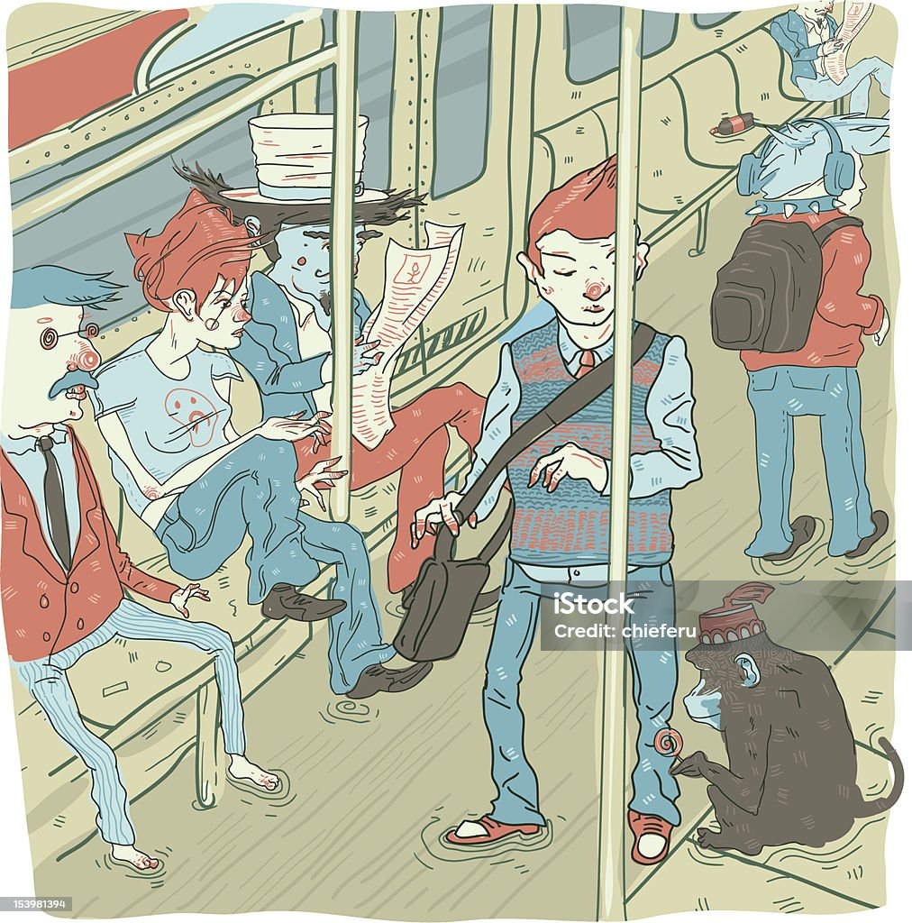 Group of Passengers Riding Train The subway and passengers: a girl, a boy, and the little monkey. Smart grouping - oh la la! Optional AI with layers intact: characters can be separated. Bizarre stock vector