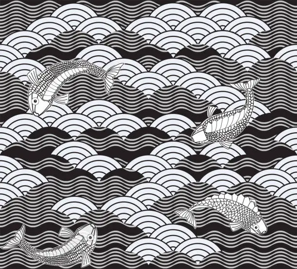 Vector illustration of Black and white Japanese waves with goldfish.