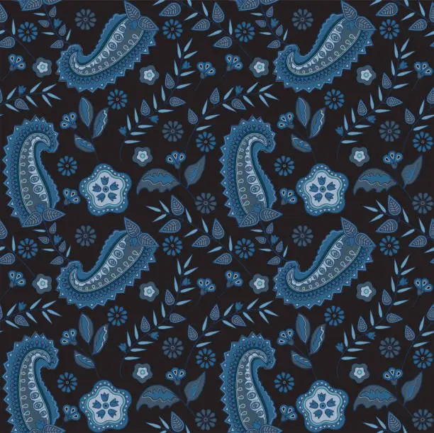 Vector illustration of Paisley damask pattern in blue and black color. Ornate floral fabric swatch.