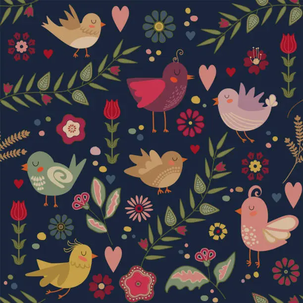 Vector illustration of Little birds and flowers cute pattern.