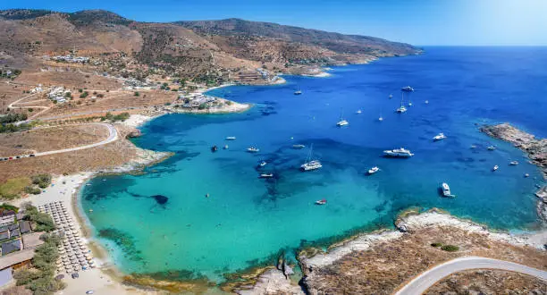 Aerial view of the beautiful bay and beaches of Koundouros at Kea, Tzia island, Greece