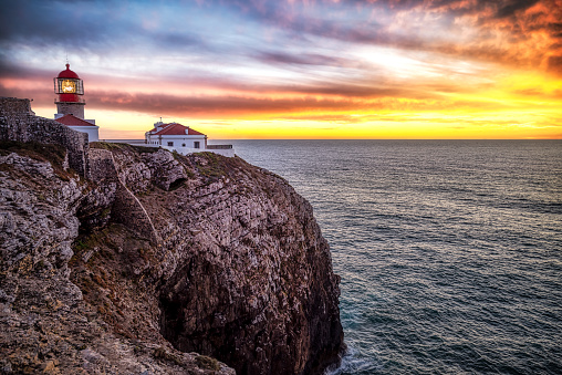 Lighthouse of Cabo Sao Vicente at sunset in Algarve, Portugal