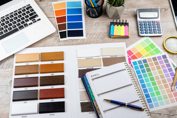 istock choice of materials wooden laminate sample with empty notepad and penci 1539835632