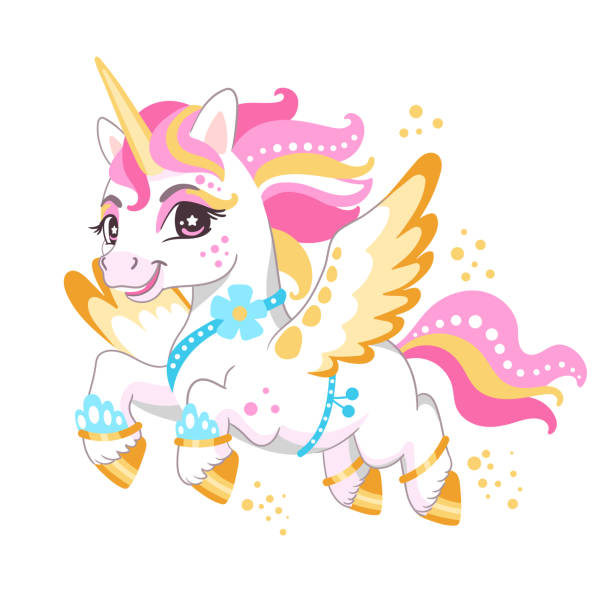 Cute cartoon character happy unicorn vector illustration 9 Cute cartoon character white unicorn with wings. Digital vector illustration isolated on a white background. Happy little magic unicorn. For print, design, poster, sticker, card, decoration, t shirt disney character free background stock illustrations