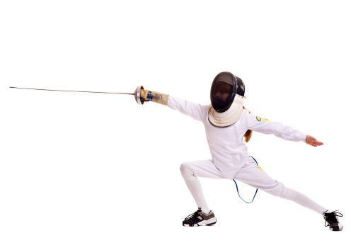 Child epee fencing lunge. Isolated.