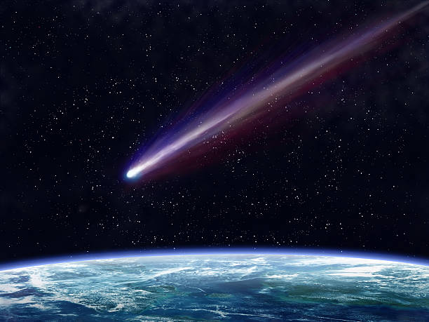 Comet Illustration of a comet flying through space close to the earth asteroid stock pictures, royalty-free photos & images