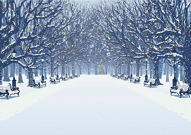 겨울 공원 산책 - park snow tree back lit stock illustrations